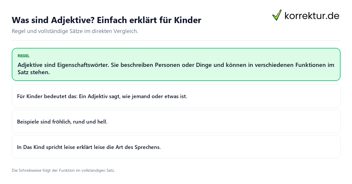 Konkrete Regel und vollständige Beispielsätze zu Was sind Adjektive? Einfach erklärt für Kinder