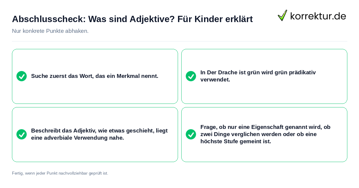 Konkreter Abschlusscheck zu Was sind Adjektive? Für Kinder erklärt