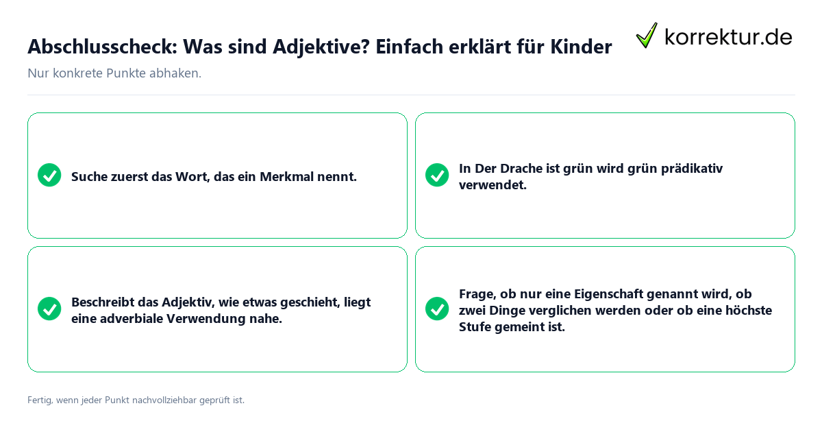 Konkreter Abschlusscheck zu Was sind Adjektive? Einfach erklärt für Kinder