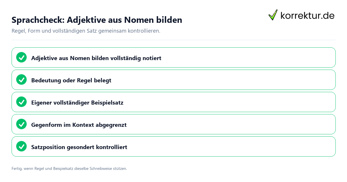 Sprachcheck: Adjektive aus Nomen bilden Konkreter Sprachcheck zu Adjektive aus Nomen bilden mit Regel und vollständigem Beispielsatz