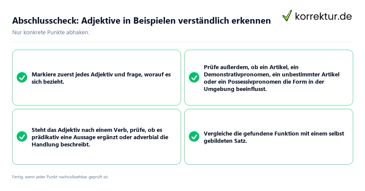 Konkreter Abschlusscheck zu Adjektive in Beispielen verständlich erkennen