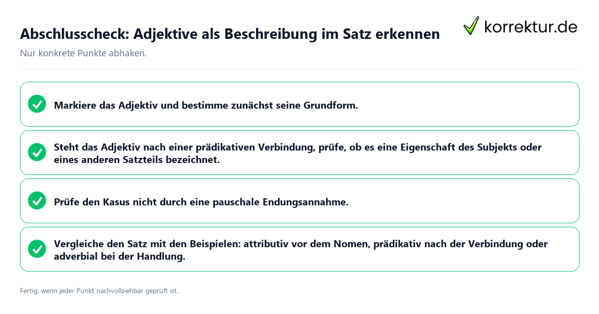 Konkreter Abschlusscheck zu Adjektive als Beschreibung im Satz erkennen
