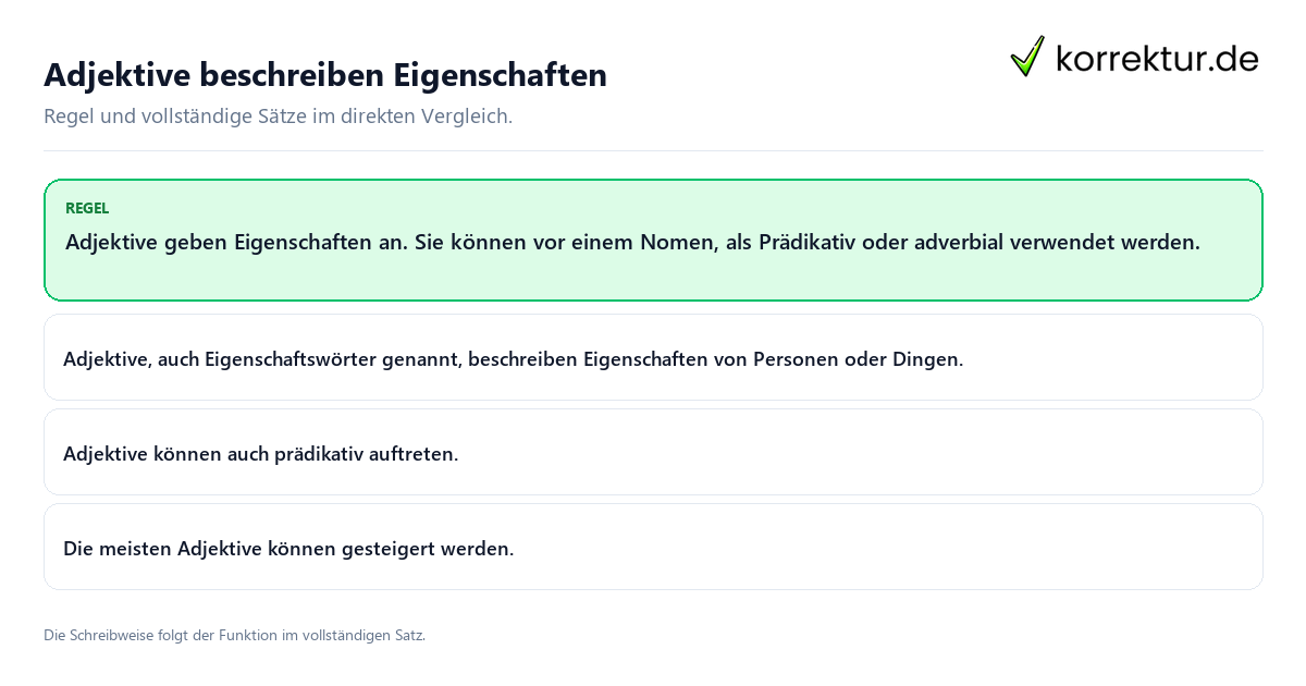Konkrete Regel und vollständige Beispielsätze zu Adjektive beschreiben Eigenschaften