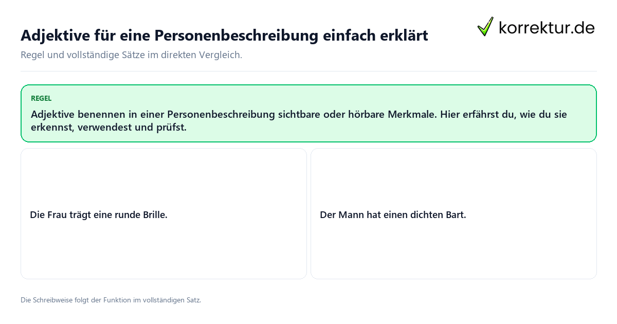 Konkrete Regel und vollständige Beispielsätze zu Adjektive für eine Personenbeschreibung einfach erklärt