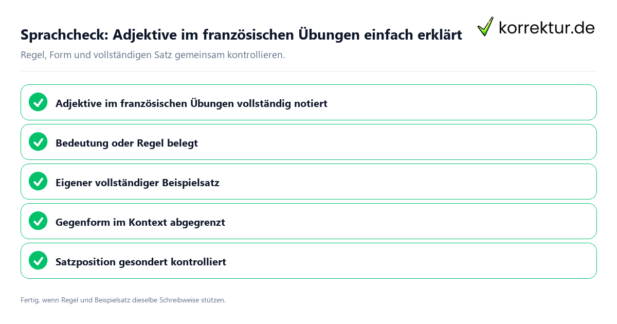 Konkreter Sprachcheck zu Adjektive im französischen Übungen einfach erklärt mit Regel und vollständigem Beispielsatz