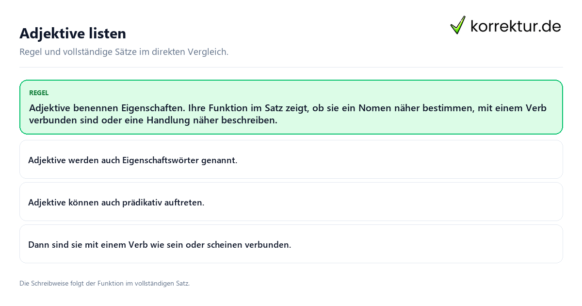 Konkrete Regel und vollständige Beispielsätze zu Adjektive listen
