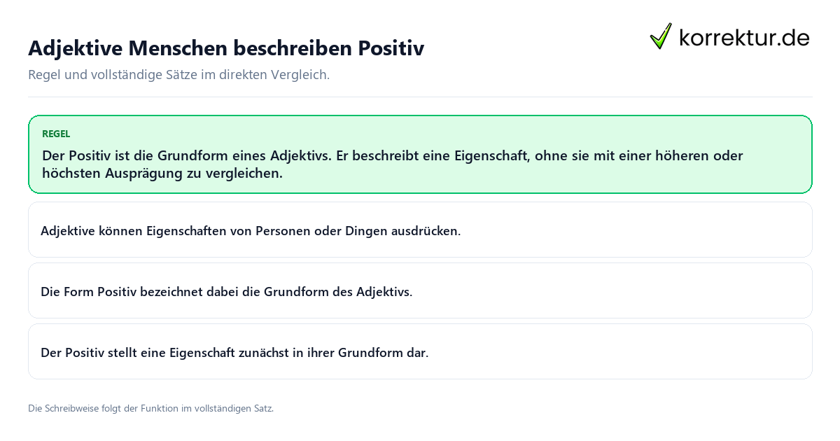 Konkrete Regel und vollständige Beispielsätze zu Adjektive Menschen beschreiben Positiv