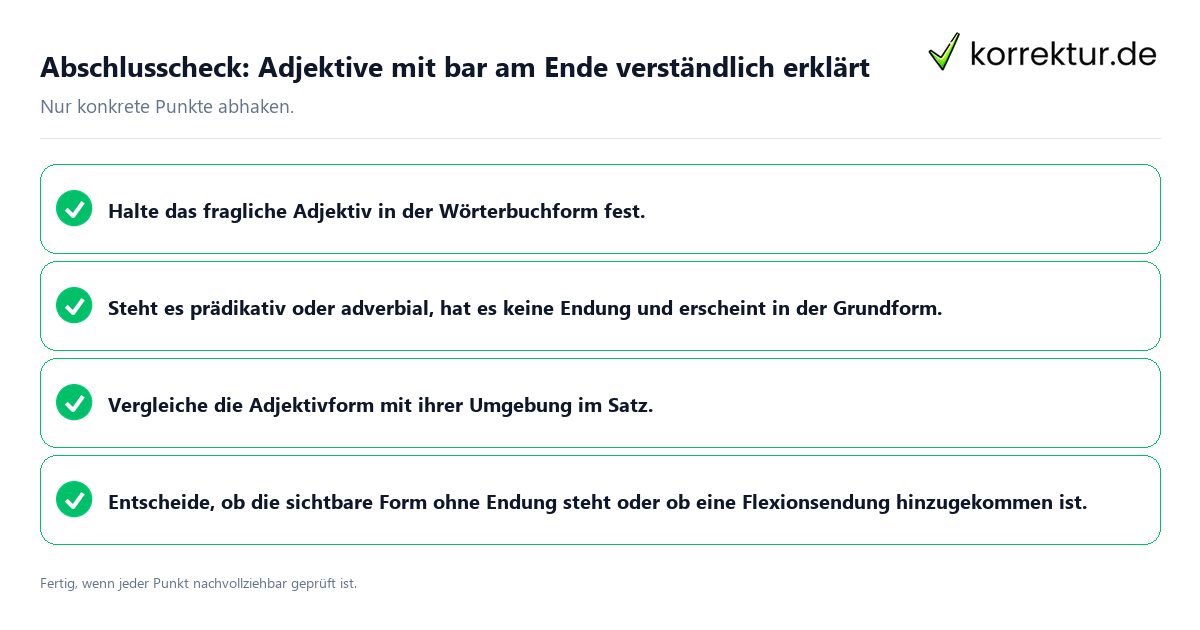 Konkreter Abschlusscheck zu Adjektive mit bar am Ende verständlich erklärt