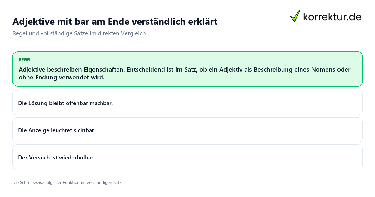 Konkrete Regel und vollständige Beispielsätze zu Adjektive mit bar am Ende verständlich erklärt