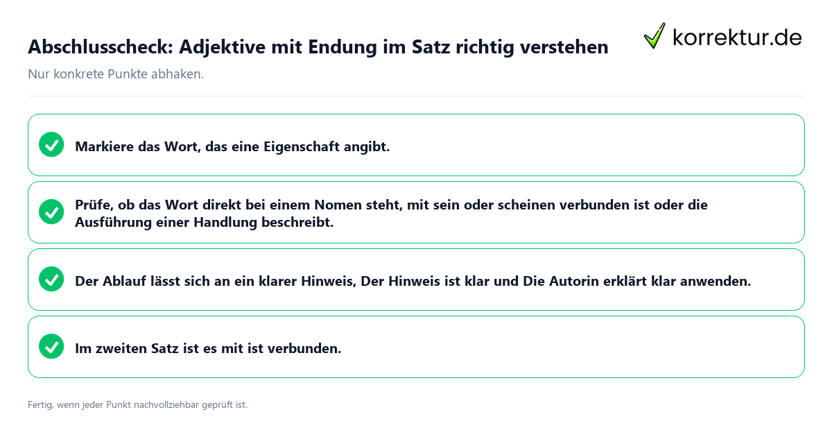 Konkreter Abschlusscheck zu Adjektive mit Endung im Satz richtig verstehen
