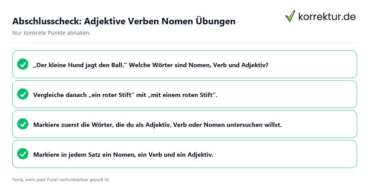 Konkreter Abschlusscheck zu Adjektive Verben Nomen Übungen