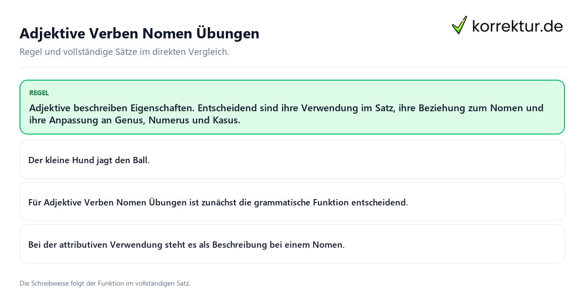 Konkrete Regel und vollständige Beispielsätze zu Adjektive Verben Nomen Übungen