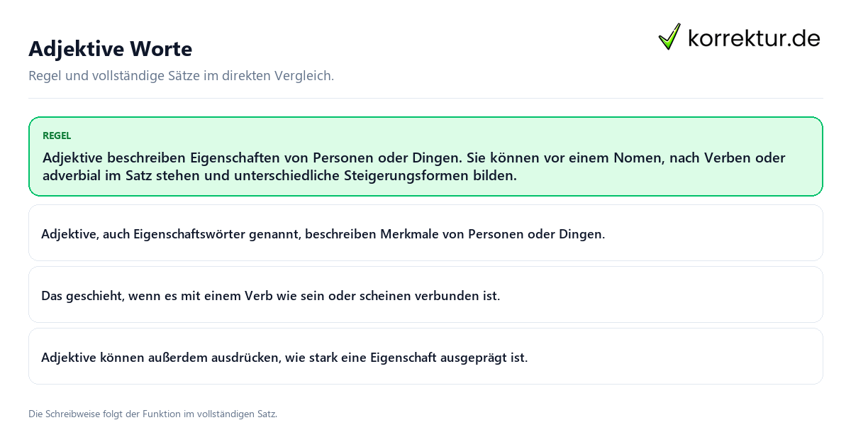 Konkrete Regel und vollständige Beispielsätze zu Adjektive Worte