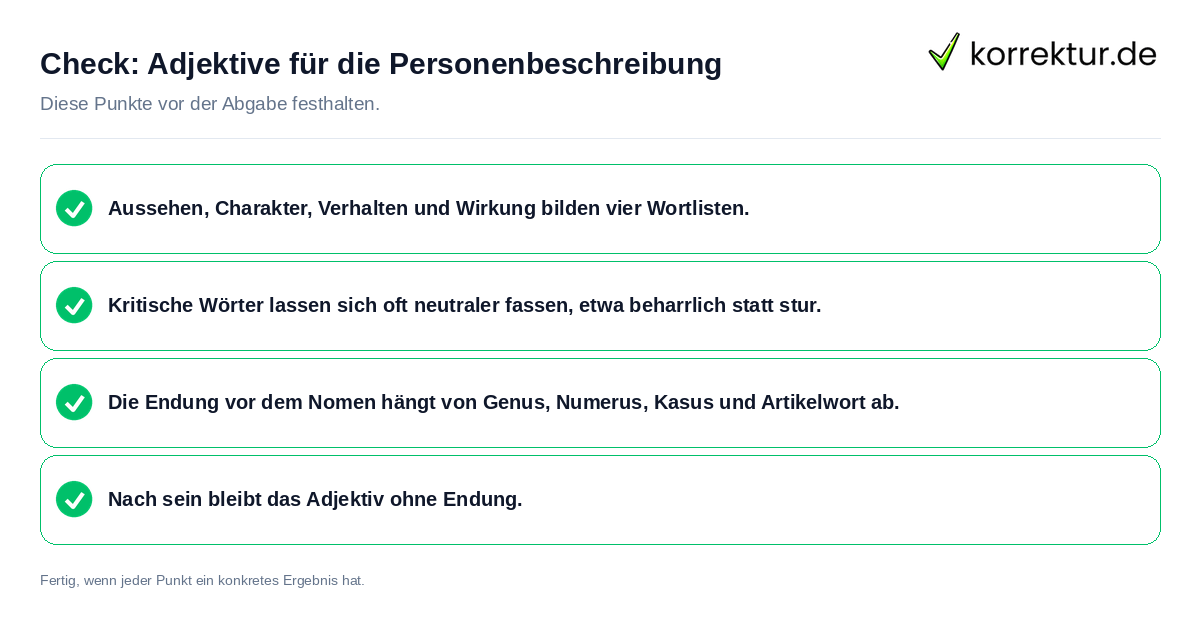 Check: Adjektive für die Personenbeschreibung Adjektive für die Personenbeschreibung: Prüfliste mit vier Punkten