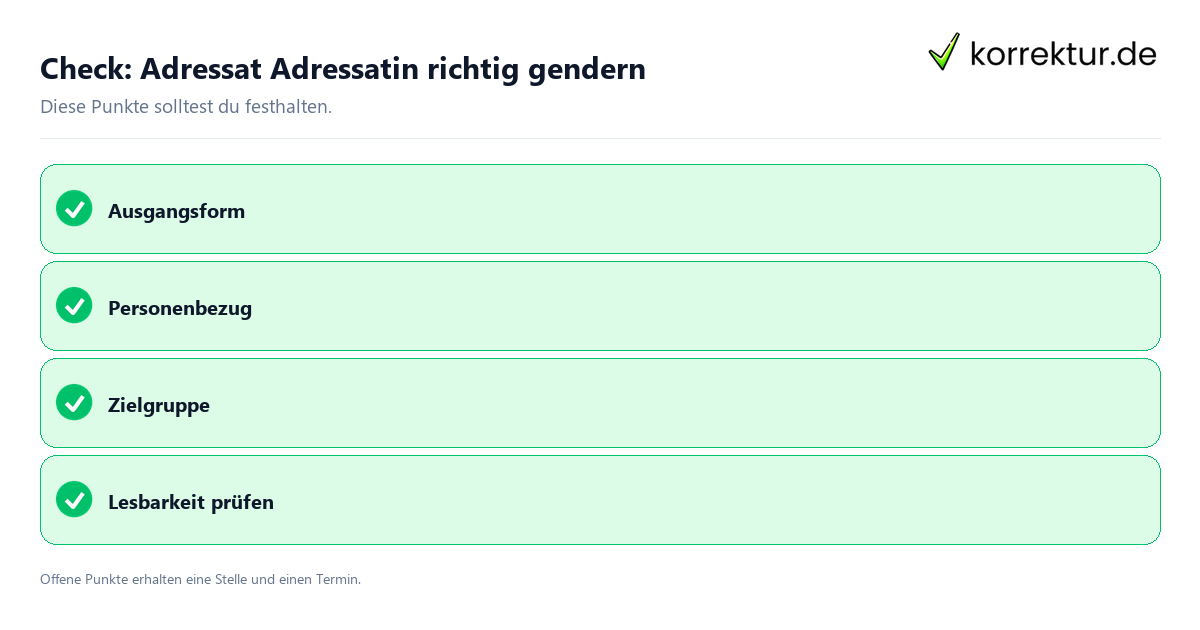 Adressat Adressatin richtig gendern mit Checkliste für Unterlagen und nächste Schritte