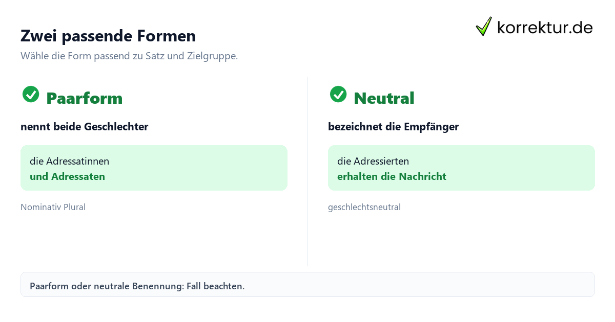 Zwei passende Formen Adressat und Adressatin passend gendern mit Paarform und neutraler Benennung