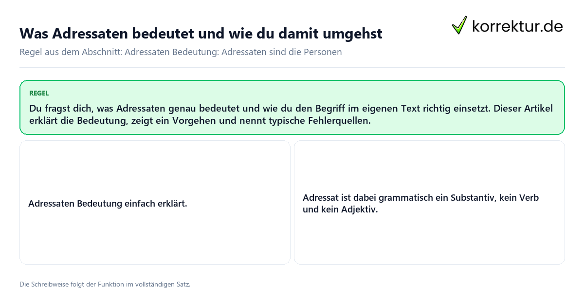 Konkrete Regel und vollständige Beispielsätze zu Was Adressaten bedeutet und wie du damit umgehst