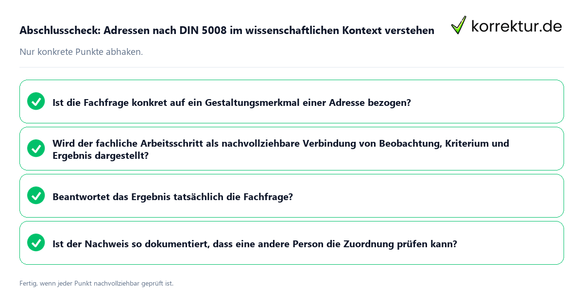 Konkreter Abschlusscheck zu Adressen nach DIN 5008 im wissenschaftlichen Kontext verstehen
