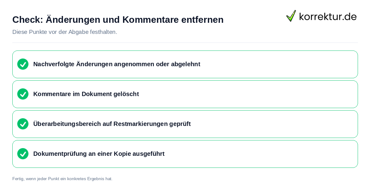 Änderungen und Kommentare entfernen: Prüfliste mit vier Punkten