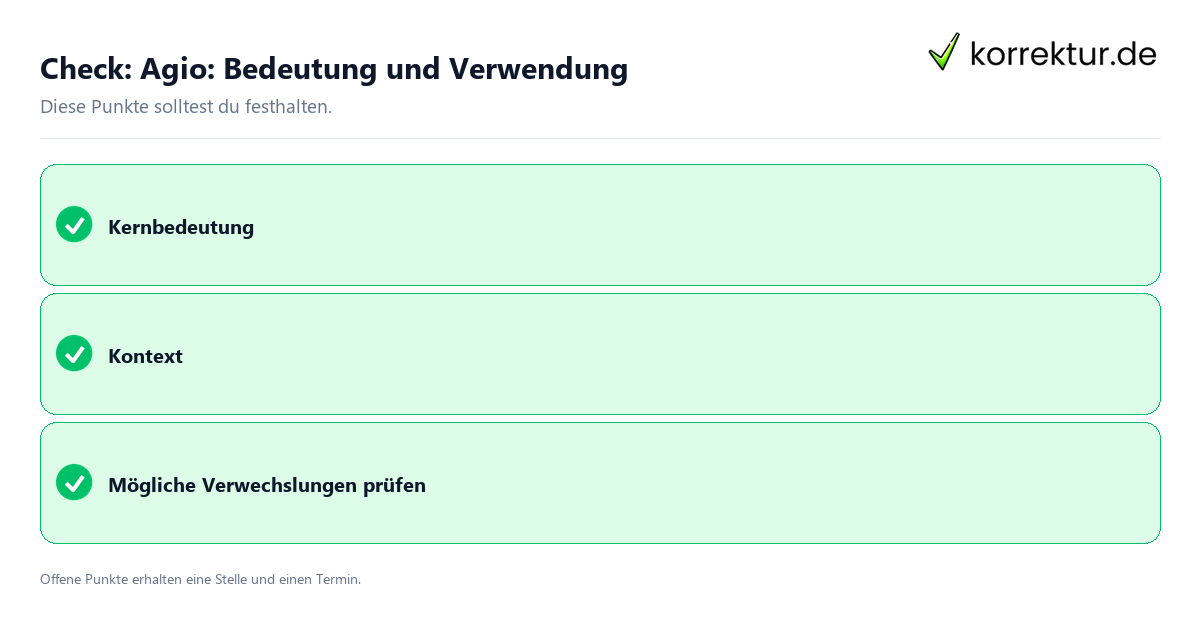 Agio: Bedeutung und Verwendung mit Checkliste für Unterlagen und nächste Schritte