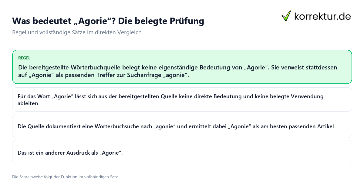 Konkrete Regel und vollständige Beispielsätze zu Was bedeutet „Agorie“? Die belegte Prüfung