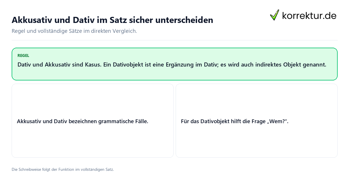 Akkusativ und Dativ im Satz sicher unterscheiden Konkrete Regel und vollständige Beispielsätze zu Akkusativ und Dativ im Satz sicher unterscheiden