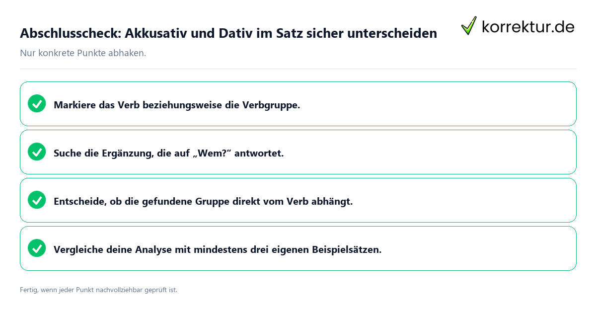 Abschlusscheck: Akkusativ und Dativ im Satz sicher unterscheiden Konkreter Abschlusscheck zu Akkusativ und Dativ im Satz sicher unterscheiden