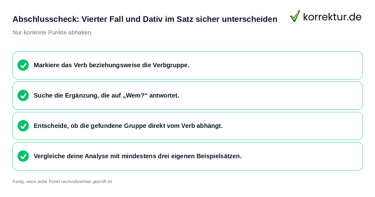 Konkreter Abschlusscheck zu Vierter Fall und Dativ im Satz sicher unterscheiden
