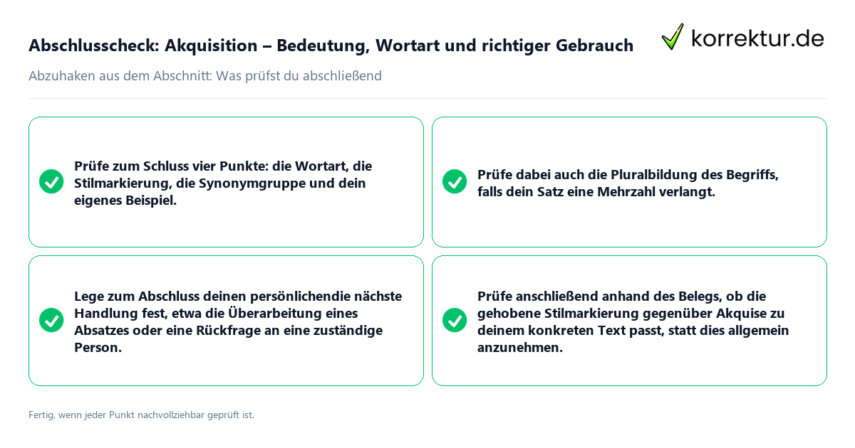 Konkreter Abschlusscheck zu Akquisition, Bedeutung, Wortart und richtiger Gebrauch