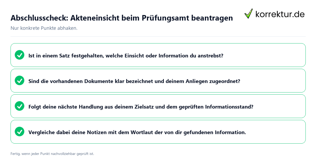 Abschlusscheck: Akteneinsicht beim Prüfungsamt beantragen Konkreter Abschlusscheck zu Akteneinsicht beim Prüfungsamt beantragen