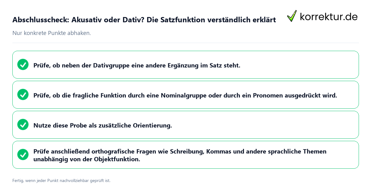 Konkreter Abschlusscheck zu Akusativ oder Dativ? Die Satzfunktion verständlich erklärt