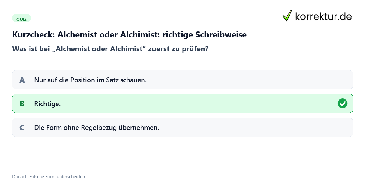 Alchemist oder Alchimist: richtige Schreibweise mit einem Kurzquiz zum sinnvollen nächsten Schritt
