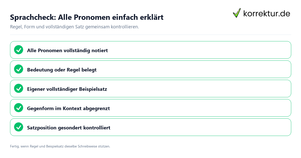 Konkreter Sprachcheck zu Alle Pronomen einfach erklärt mit Regel und vollständigem Beispielsatz