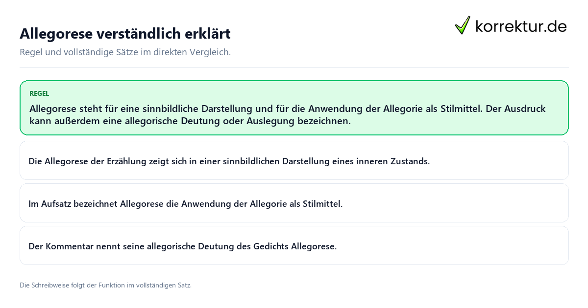 Konkrete Regel und vollständige Beispielsätze zu Allegorese verständlich erklärt
