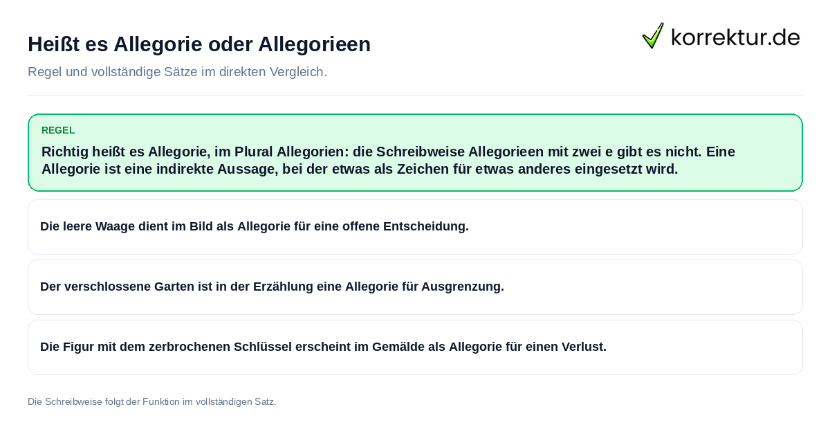 Konkrete Regel und vollständige Beispielsätze zu Heißt es Allegorie oder Allegorieen