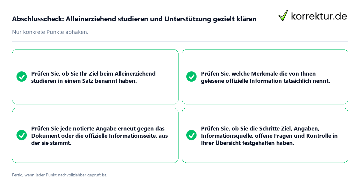 Konkreter Abschlusscheck zu Alleinerziehend studieren und Unterstützung gezielt klären