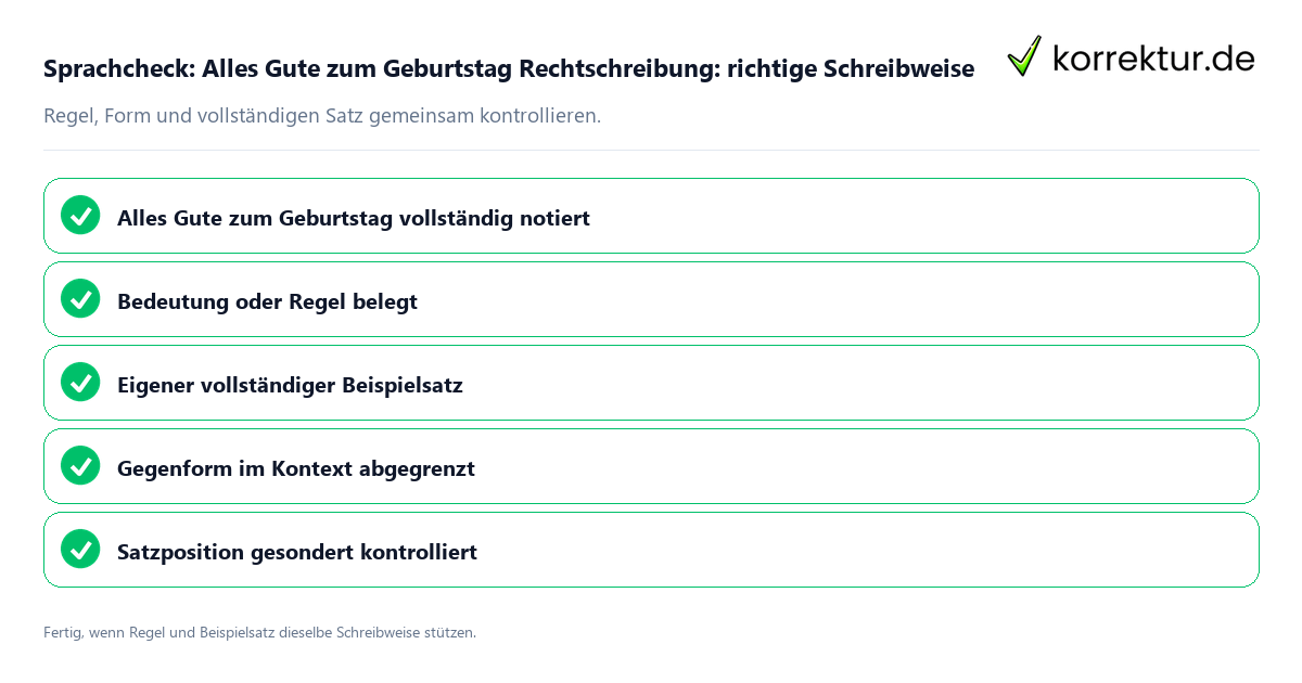 Konkreter Sprachcheck zu Alles Gute zum Geburtstag Rechtschreibung: richtige Schreibweise mit Regel und vollständigem Beispielsatz