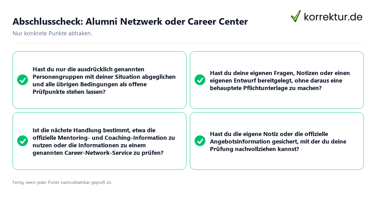 Konkreter Abschlusscheck zu Alumni Netzwerk oder Career Center