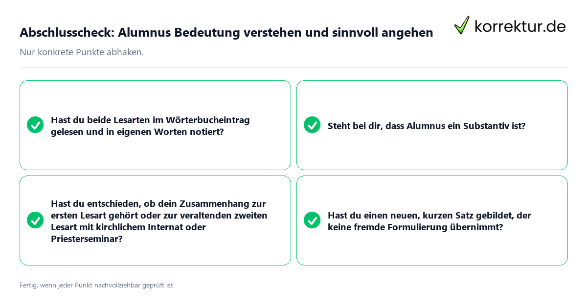 Konkreter Abschlusscheck zu Alumnus Bedeutung verstehen und sinnvoll angehen