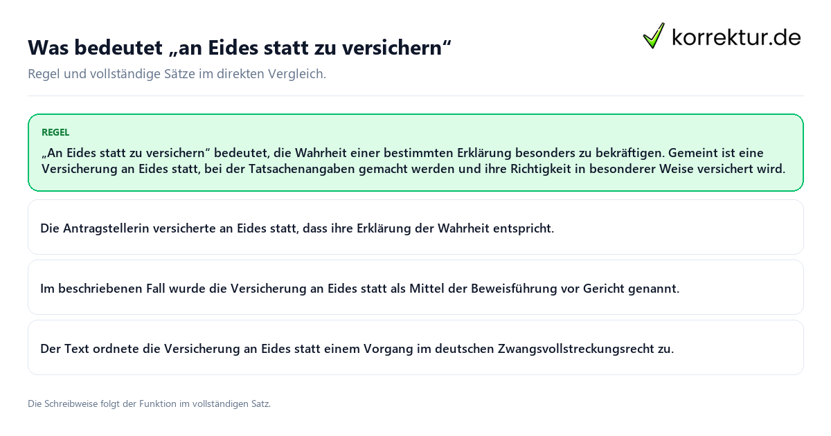 Konkrete Regel und vollständige Beispielsätze zu Was bedeutet „an Eides statt zu versichern“