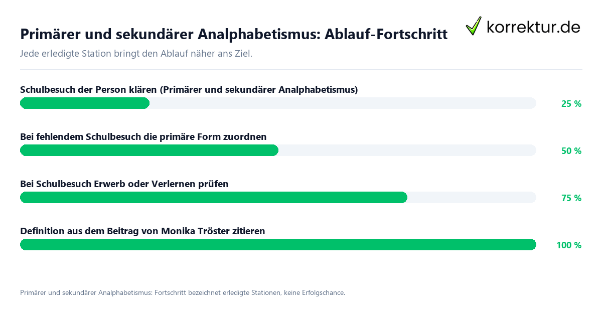 Primärer und sekundärer Analphabetismus: Ablauf-Fortschritt Fortschrittsbalken für die einzelnen Ablaufstationen zu Primärer und sekundärer Analphabetismus