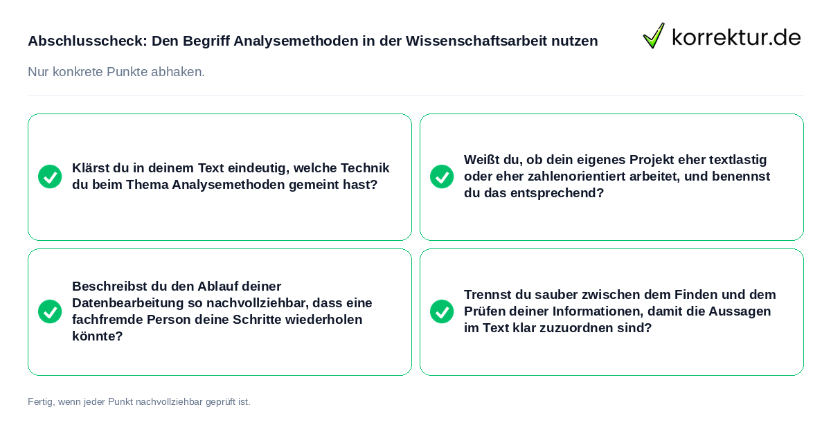 Konkreter Abschlusscheck zu Den Begriff Analysemethoden in der Wissenschaftsarbeit nutzen