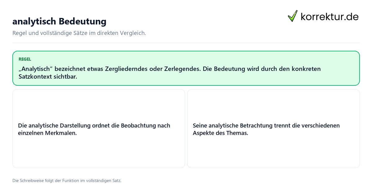 Konkrete Regel und vollständige Beispielsätze zu analytisch Bedeutung