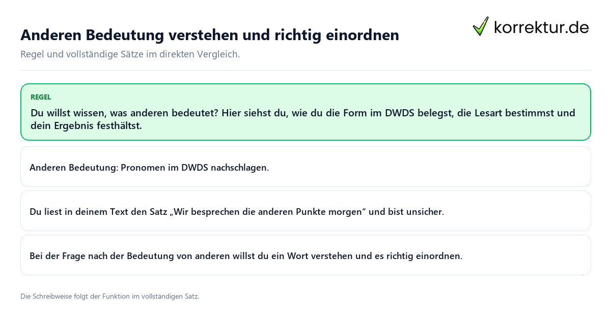 Konkrete Regel und vollständige Beispielsätze zu Anderen Bedeutung verstehen und richtig einordnen