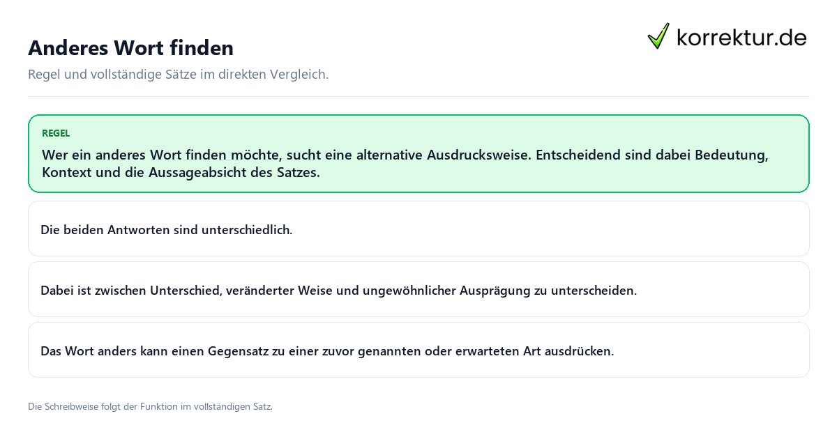 Konkrete Regel und vollständige Beispielsätze zu Anderes Wort finden
