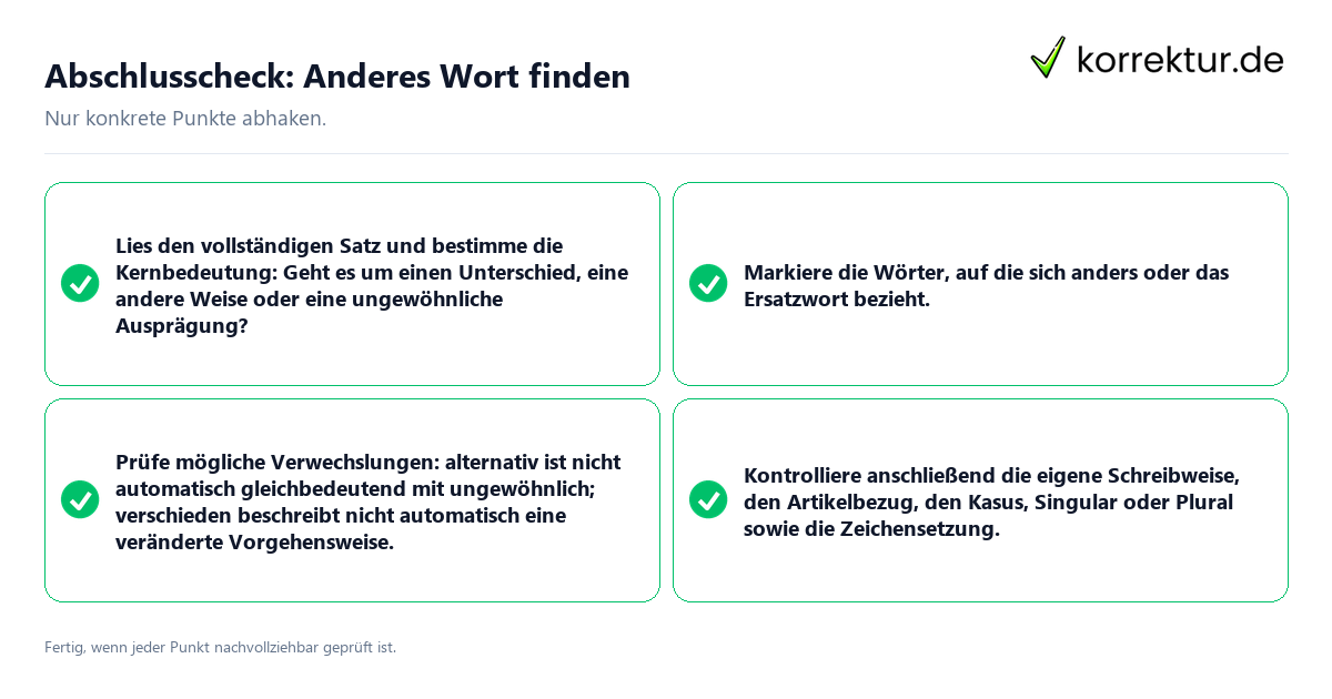 Konkreter Abschlusscheck zu Anderes Wort finden