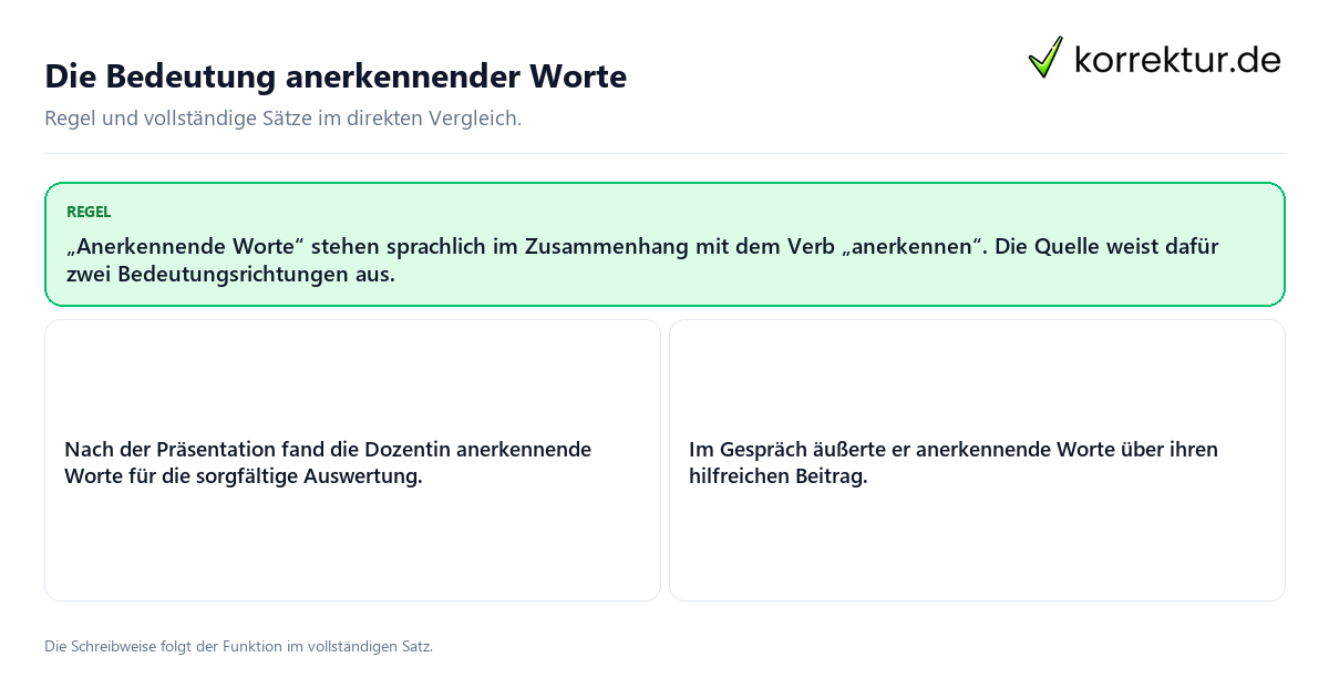 Konkrete Regel und vollständige Beispielsätze zu Die Bedeutung anerkennender Worte