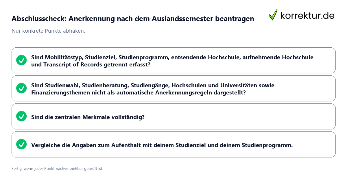 Konkreter Abschlusscheck zu Anerkennung nach dem Auslandssemester beantragen