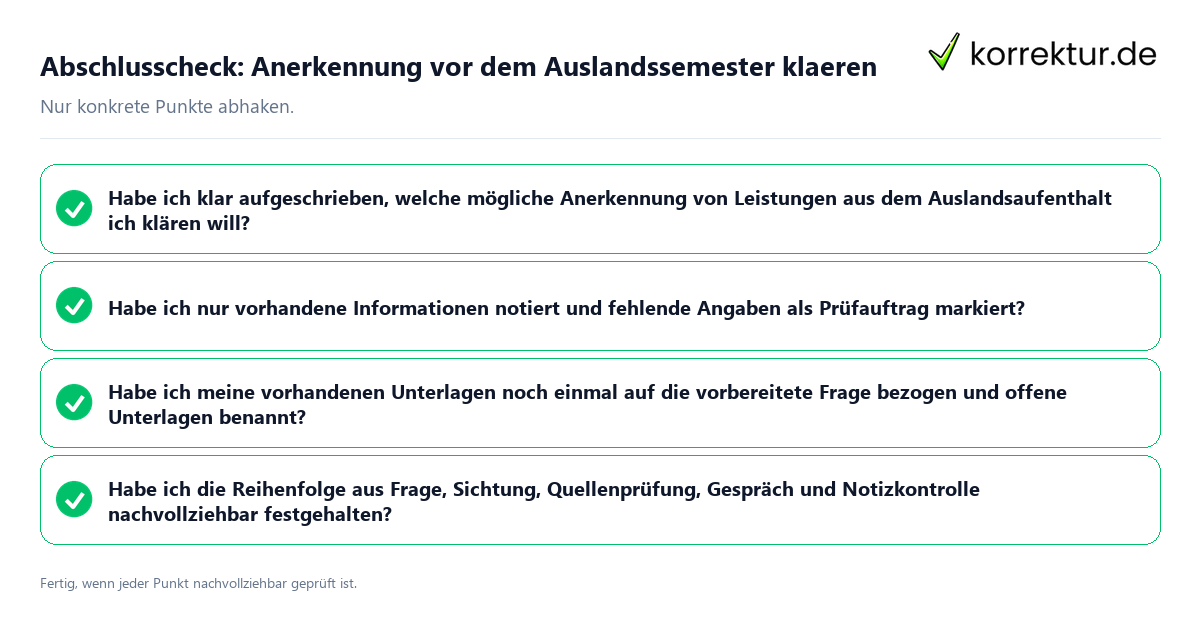 Konkreter Abschlusscheck zu Anerkennung vor dem Auslandssemester klaeren