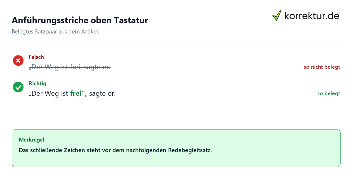 Falsches und richtiges Satzbeispiel zu Anführungsstriche oben Tastatur
